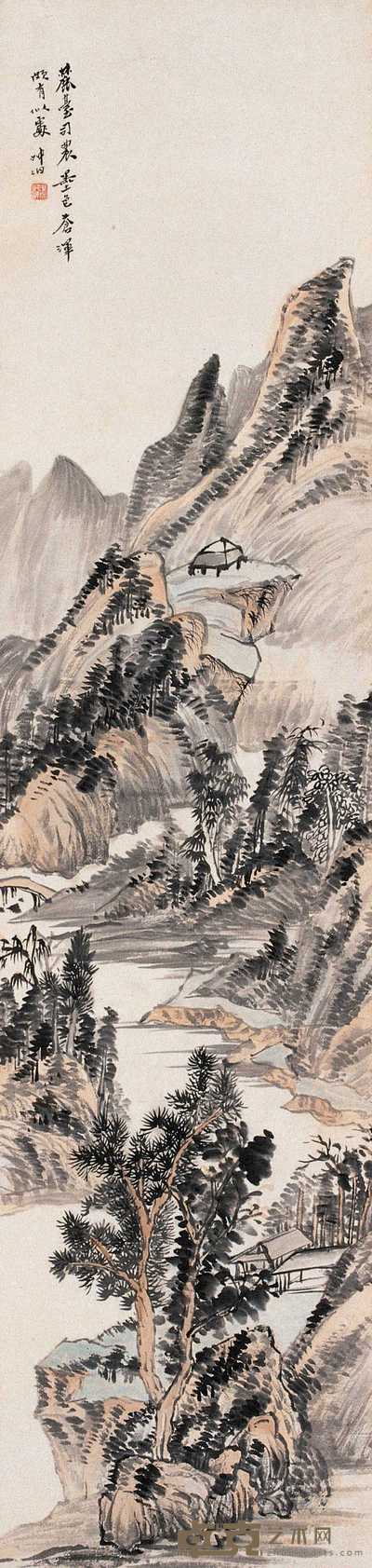 顾坤伯 仿王元祁山水 立轴 135×32cm